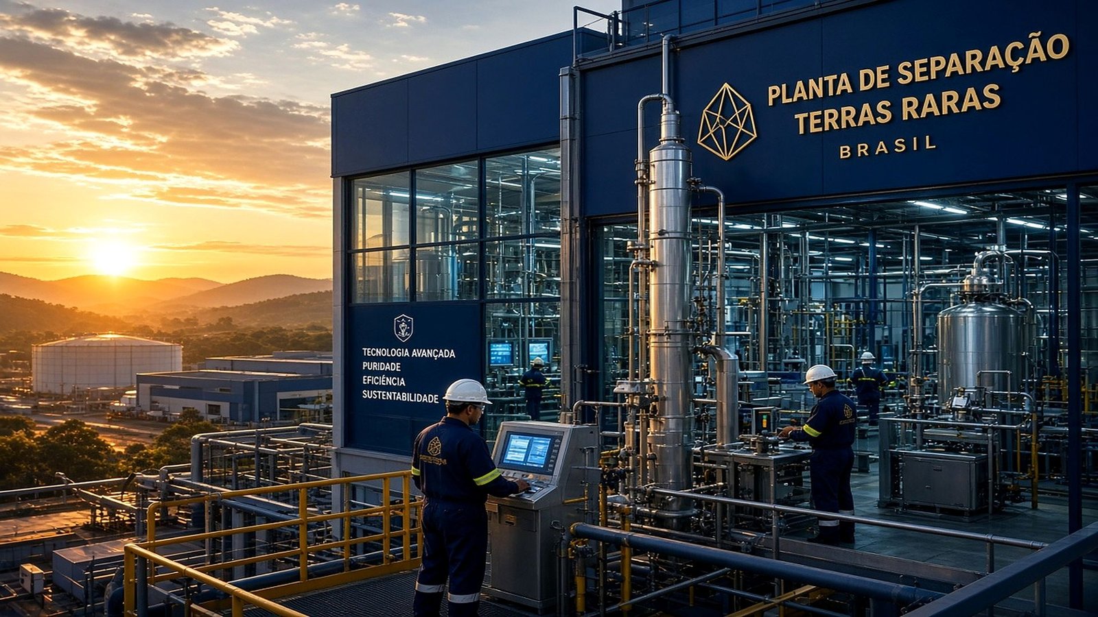 Planta de separação de terras raras ao pôr do sol