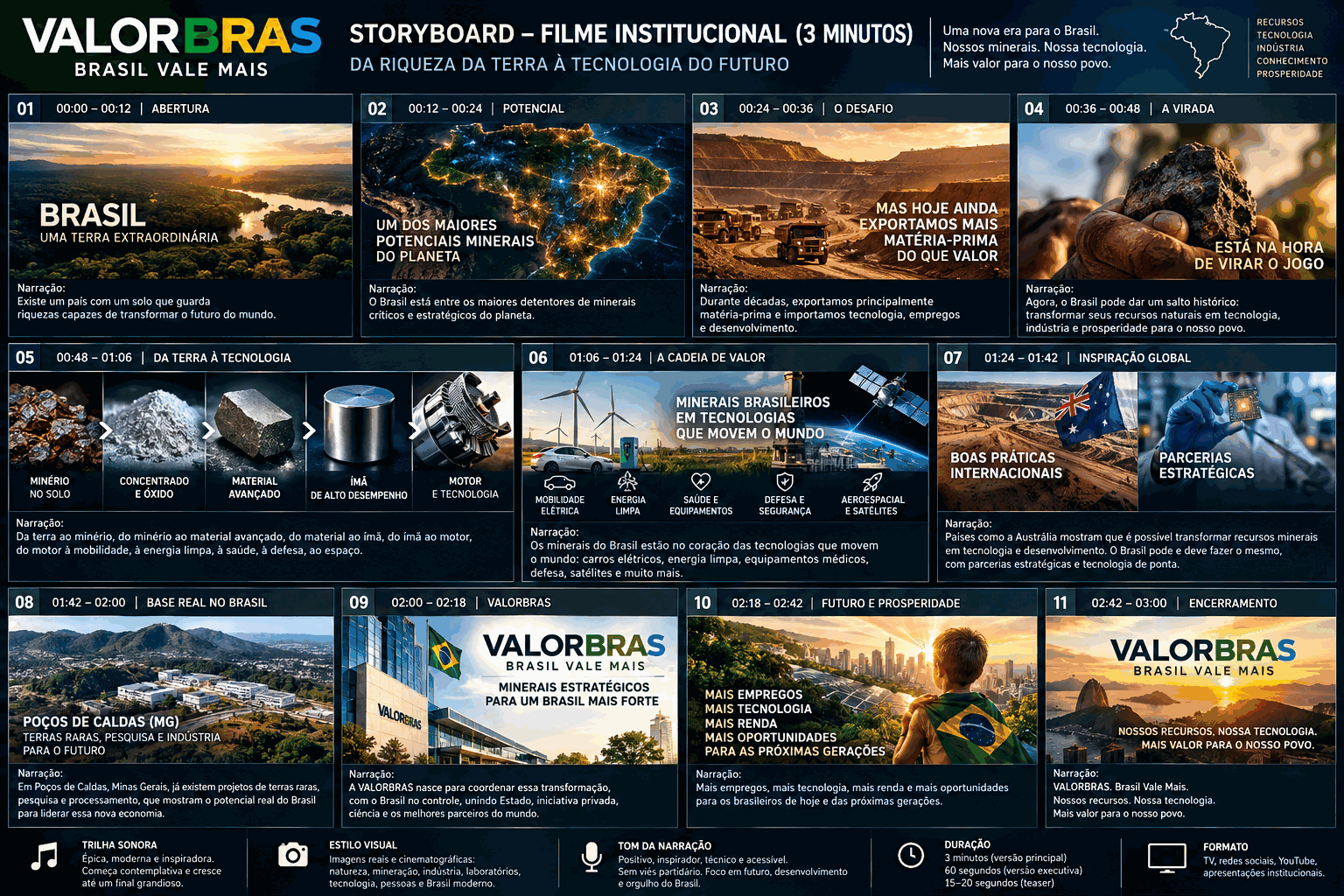 Storyboard do filme institucional Brasil Vale Mais, em onze quadros